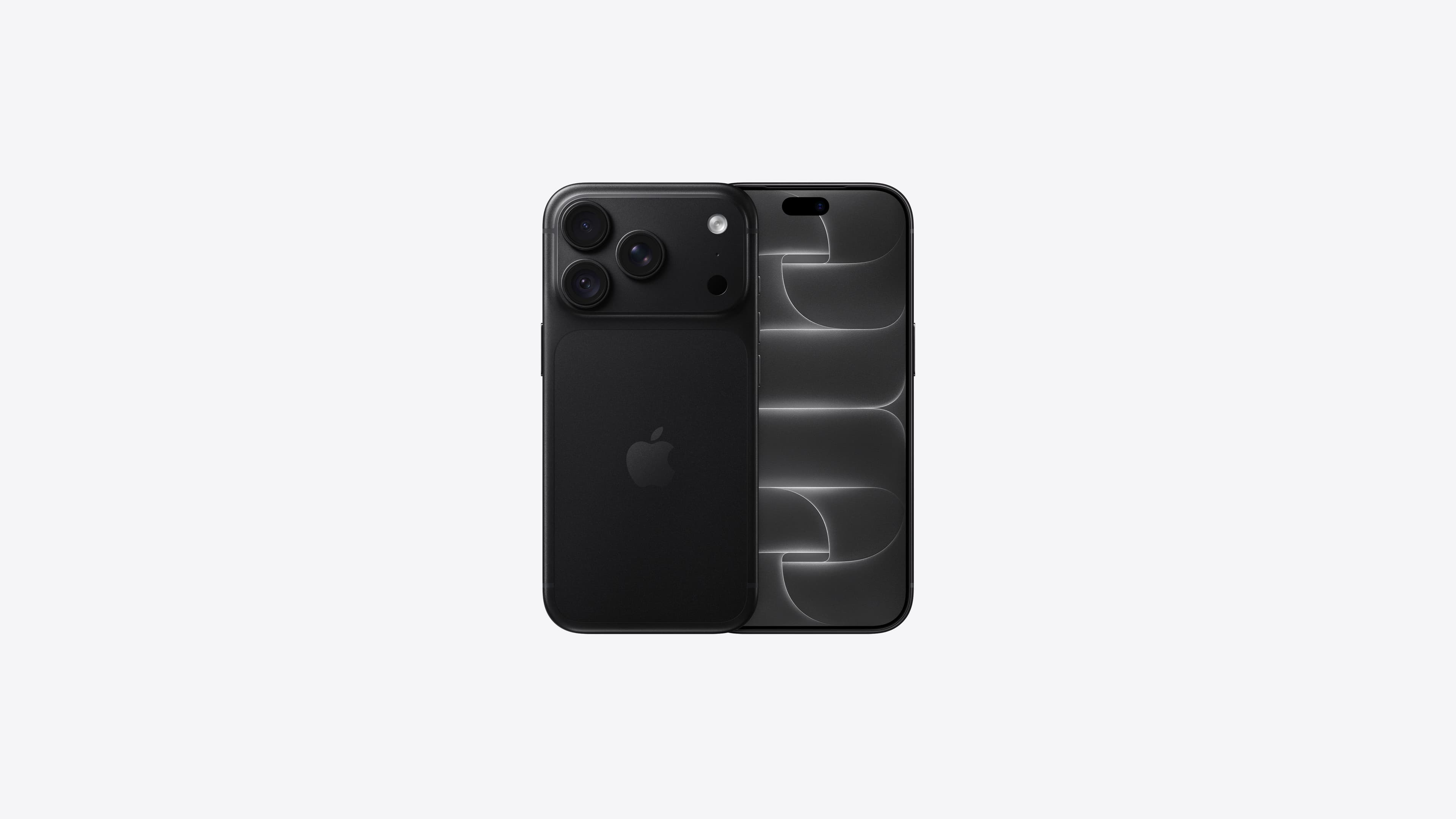 iPhone 18 Pro, back exterior, black color, Pro Fusion camera system at top, Apple logo in center, front exterior, all-screen design, Dynamic Island at top center