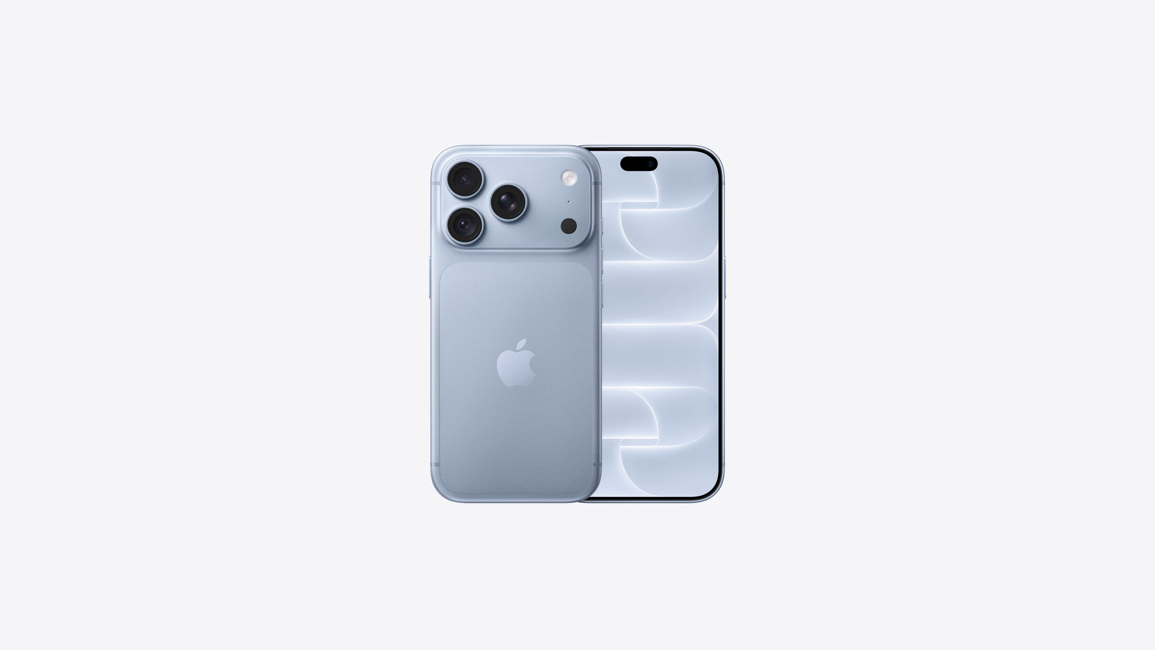 iPhone 18 Pro, back exterior, glacier color (light blue), Pro Fusion camera system at top, Apple logo in center, front exterior, all-screen design, Dynamic Island at top center