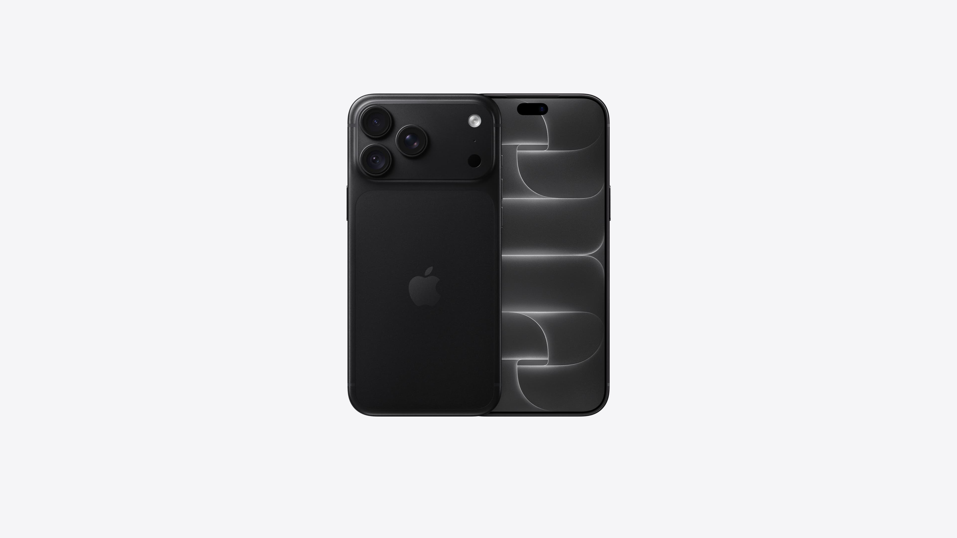 iPhone 18 Pro Max, back exterior, black color, Pro Fusion camera system at top, Apple logo in center, front exterior, all-screen design, Dynamic Island at top center