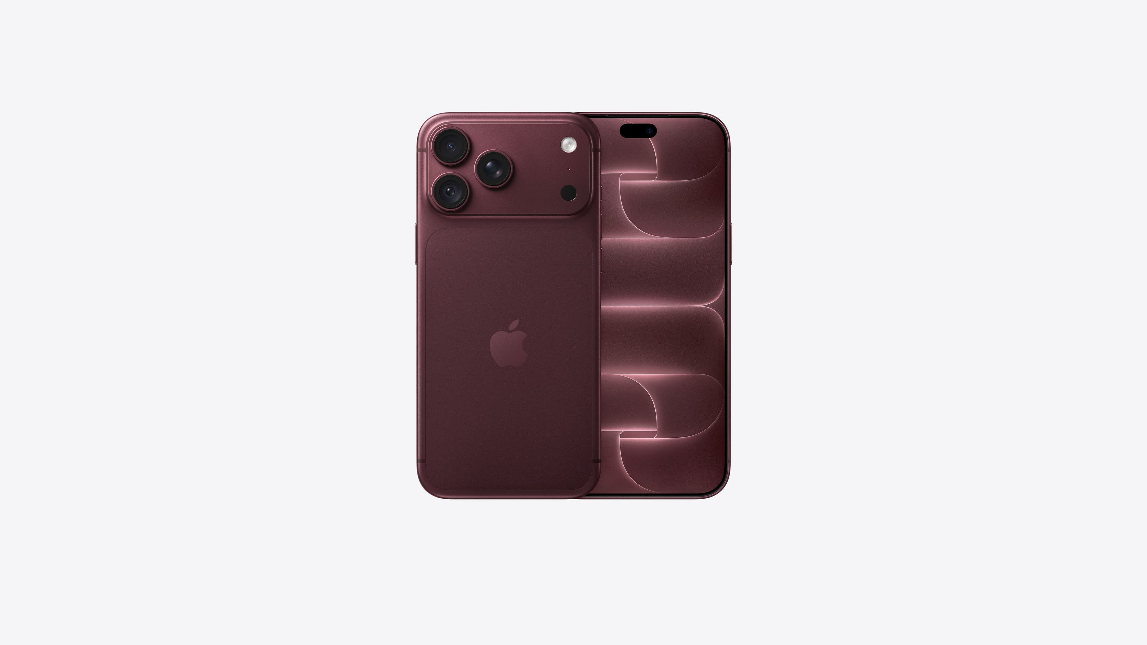 iPhone 18 Pro Max, back exterior, burgundy color (dark red), Pro Fusion camera system at top, Apple logo in center, front exterior, all-screen design, Dynamic Island at top center