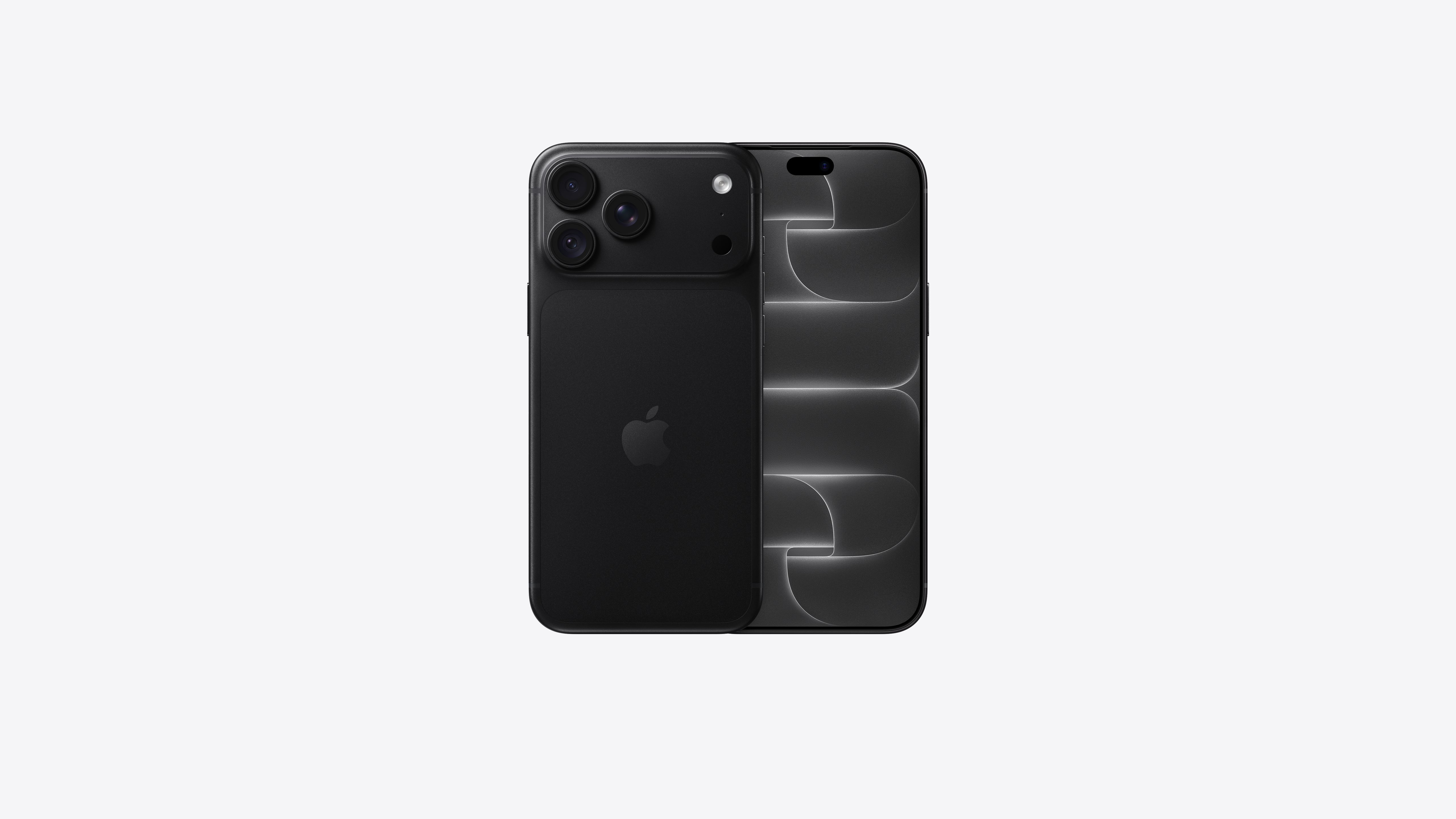 iPhone 18 Pro Max, back exterior, black color, Pro Fusion camera system at top, Apple logo in center, front exterior, all-screen design, Dynamic Island at top center