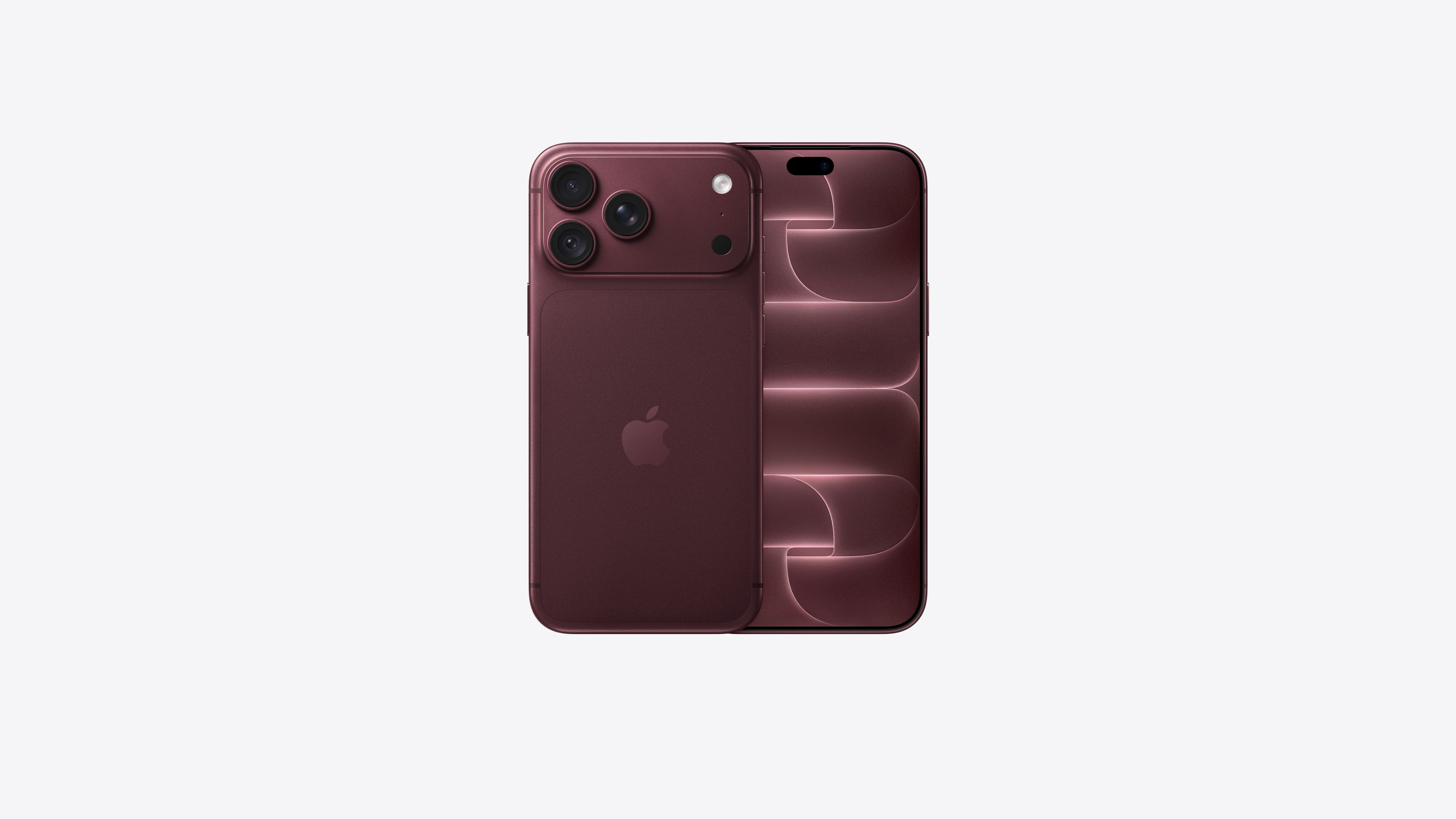 iPhone 18 Pro Max, back exterior, burgundy color (dark red), Pro Fusion camera system at top, Apple logo in center, front exterior, all-screen design, Dynamic Island at top center